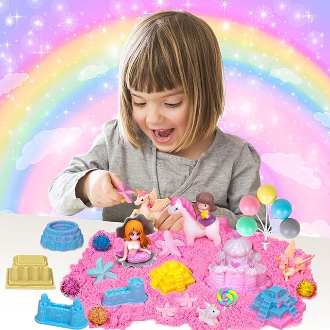 Hymaz Unicorn Sensory bin, Unicorn and Mermaid Play Sand Kit, Sandbox with 2.2lbs Magic Sand, Castle Molds, Ocean Scene Models, Preschool Indoor Birthday Gifts for Boys Girls Age 3 4 5 6 7 8