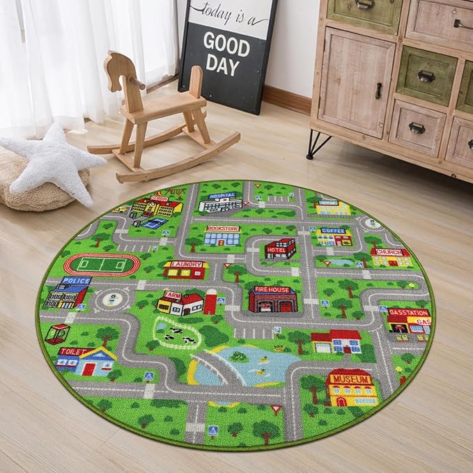 Capslpad Green Car Road Kid Rug Carpet Playmat for Playoom Traffic Road Kids Play Mat for Toddler Non Slip Washable City Map Race Track Carpet Rug for Kids Room Bedroom Nursery Room Decor,4'x4'