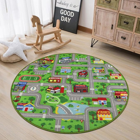 Capslpad Green Car Road Kid Rug Carpet Playmat for Playoom Traffic Road Kids Play Mat for Toddler Non Slip Washable City Map Race Track Carpet Rug for Kids Room Bedroom Nursery Room Decor,4'x4'
