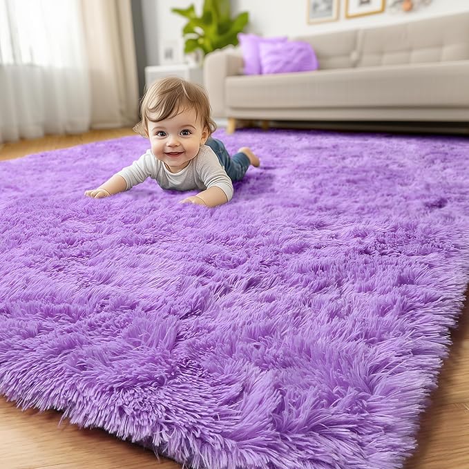 Purple Area Rugs for Girls Bedroom,5x8 Rug,Fluffy Shag Rug for Living Room,Thick Furry Rugs for Kids Room,Shaggy Throw Rug for Nursery,Playroom,Kawaii Fuzzy Plush Carpet,Cute Room Decor for Baby