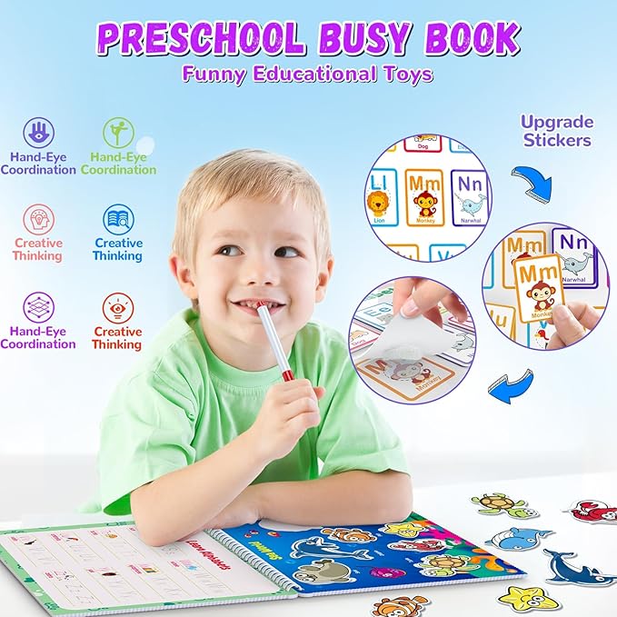 Busy Book for Toddlers 3+, Preschool Learning Activities with 30 Themes Prek Preschool Workbooks, Montessori Educational Learning Toys Activity Books for Christmas Birthdays Gifts Boys Girls