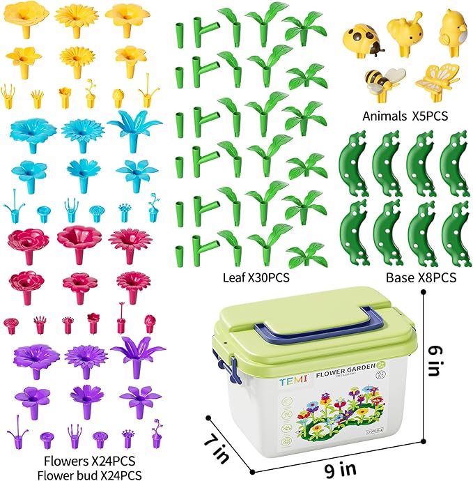 TEMI Toddler Toys Birthday Gifts for 3 4 5 6 7 Year Old Girls Boys, 91 PCS Flower Garden Building Toy STEM Educational Activity Preschool Toys for Kids Age 3-6