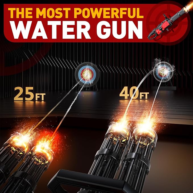 Gatling Electric Water Gun for Adults & Kids, Dual-Barrel, Up to 49FT Most Powerful Automatic Squirt Gun with LED Water-Sensor, Large Water Tank & Battery, Outdoor Pool Toy, Summer Toys for Parties