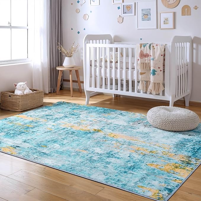 Area Rug 4x6 Teal Blue Rug Washable Boho Rugs Non Slip Low Pile Abstract Small Carpet for Entryway, Bedroom, Kitchen, Classroom, Kids Room, Office, Dorm, Dining Room