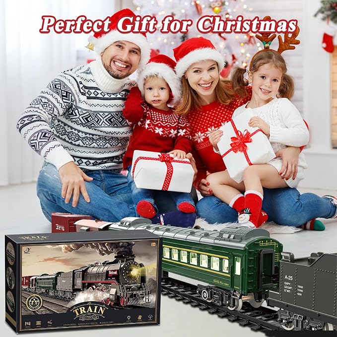 Train Set for Kids, Electric Train Toys with Realistic Light Sounds Smoke, Christmas Train Model Gifts for Toddlers Boys Girls, Steam Locomotive, Luxury Track & 2 Glowing Passenger Carriages