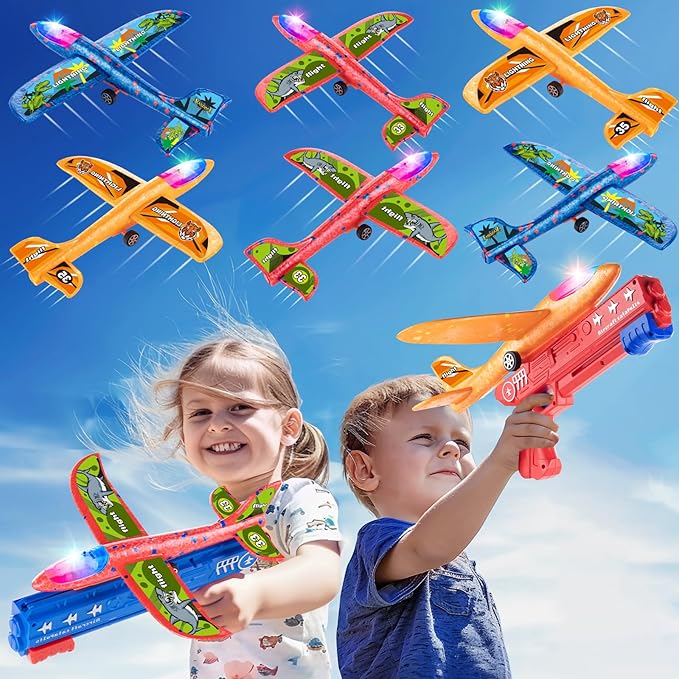 Bigdream 6 Pack LED Airplane Launcher Toys with 2 Launchers, 2 Flight Mode Glider Catapult Plane with Stickers, Flying Outdoor Toys for 3 4 5 6 7 8 9 10 11 12 Year Old Kids Boys Girls Birthday Gifts