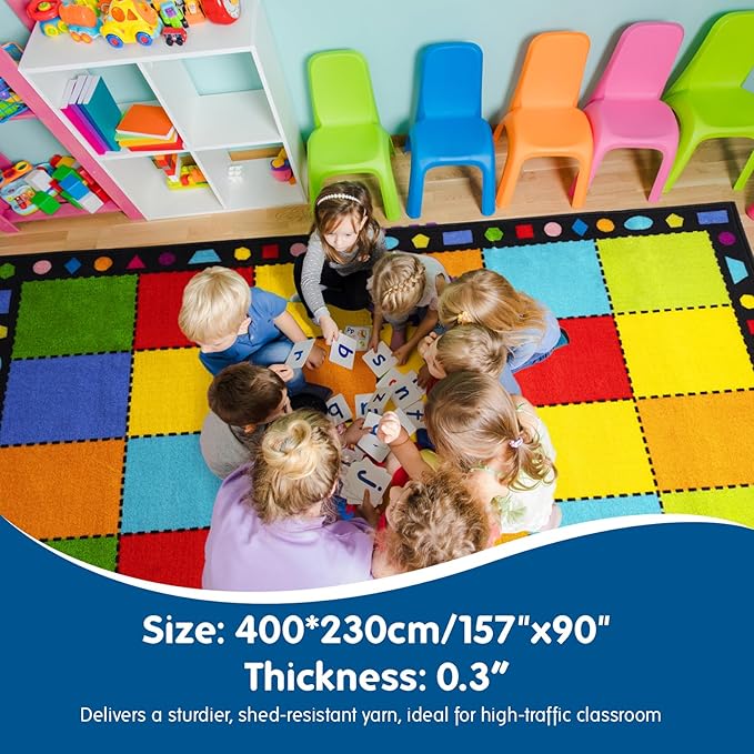 Booooom Jackson Thick Classroom Rug Elementary,13'x7'5'' Large Classroom Carpet Preschool Seating Rug for School, Colorful Classroom Rug for Classroom with 0.3'' Non-Slip Backing