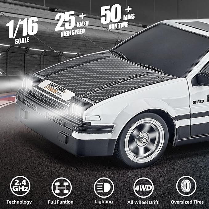 YUANPLAN RC Drift Car for Adults, 1/16, 4WD, 2.4GHz, High Speed, LED Lights, Drift Tires, Racing Toy for Boys Kids