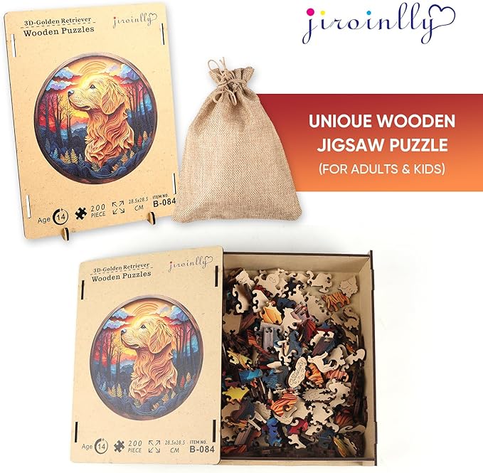 Wooden Puzzle for Adults - 3D Golden Retriever Wooden Jigsaw Puzzles 200 Piece, Unique Shaped Animal Challenging Puzzles, Exquisite Packaging, Best Gift for Family Friends11.2x11.2 in