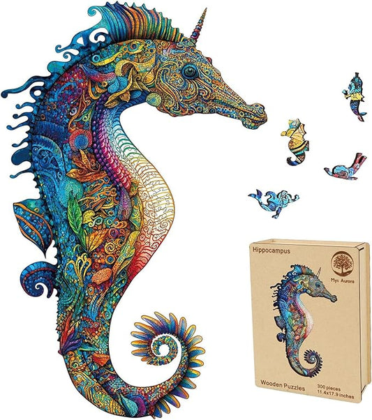 Wooden Jigsaw Puzzles, Unicorn Seahorse Wood Puzzle 200 Pieces, Unique Shaped Wooden Puzzles for Adults and Kids, Family Game 8.5 x 13.4 Inches