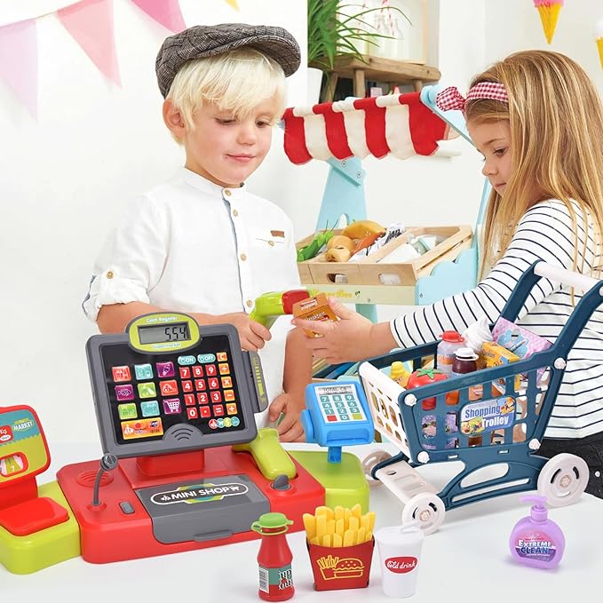 G.C Kids Cash Register Toy Pretend Play with Real Calculator Sound Scanner/Shopping Cart/Food/Play Money, Learning Counter Grocery Store Playset Toys Gift for Kid Boy Girl Age 3 4 5 6 7 8 Years Old