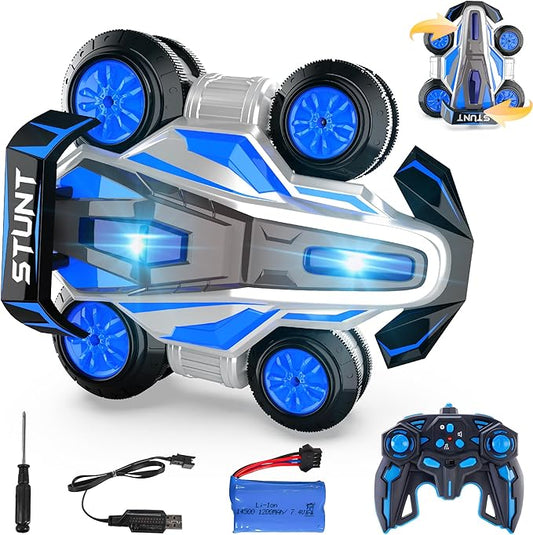 BEZGAR Upgraded Remote Control Cars for Boys Age 4-7 - 360 Spin Rotating Fast RC Vehicle, 4WD Upright Walking Rc Stunt Car with LED Lights Music, 2.4Ghz Indoor/Outdoor All Terrain Cars(Blue)