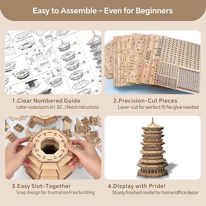 Wooden Pagoda 3D Puzzle for Adults - Wooden Puzzles, Creative Crafts for Adults, Birthday Christmas Party Favors Home Decor Gift - Six-Storied Pagoda with LED Light (1287pcs)