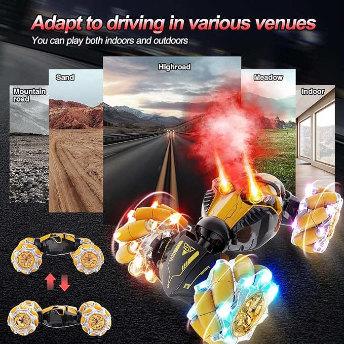 Gesture Sensing RC Stunt Car with Spray, Boys Toys Age 5-12 Year Old, 4WD 360° Rotating Remote Control 2.4Ghz Hand Controlled Car with Light & Music A