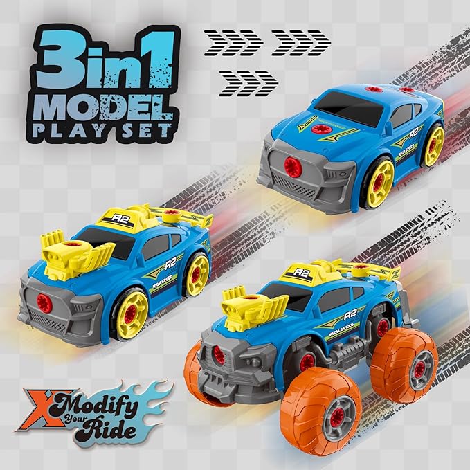 Pup Go 3-in-1 Take Apart Car for Boys with Electric Drill, 46Pcs Construction Toy Truck, Build Your Own Toy Car with Play Tools, Ideal STEM Present for Kids Children Ages 3 4 5 6 7 8 9 Year Old Blue