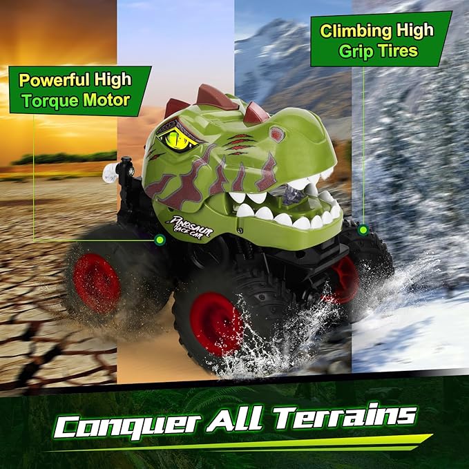 Dinosaur Remote Control Car for Boys 4-7 8-12, 50min+ Runtime RC Car with Spray, LED Light, 360° Rotating & 90° Driving, RC Monster Truck Toy for Kids Birthday