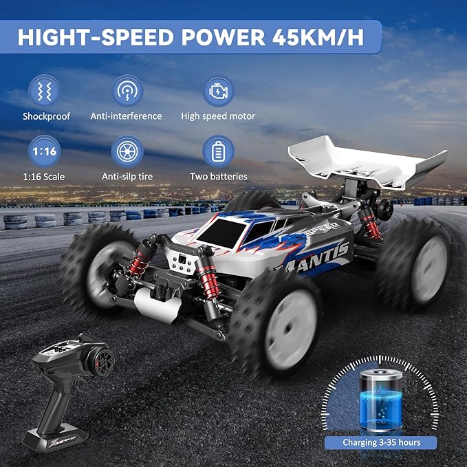 1/16 Fast Remote Control Monster Truck, High Speed RC Car with 48 mph Offroad Buggy, 2 Sets of Rechargeable Batteries (Blue)