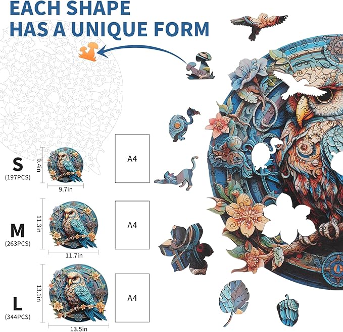 Wooden Puzzles for Adults,Wise Owl (M-263pcs) Wooden Jigsaw Puzzles, 11.7*11.3 in Unique Shaped Animal Wood Puzzles Adults, Birthday Gifts Wooden Animal Puzzles for Kids Family Puzzle Games