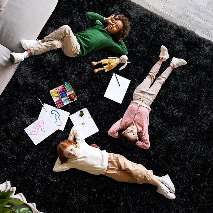 Super Fluffy 8x10 Rugs for Living Room, Modern Shag Black Area Rugs, Soft and Cozy Plush Large Under Bed Carpet for Kids, Girls Boys and Teens Decorations for Bedroom Dorm Nursery Classroom