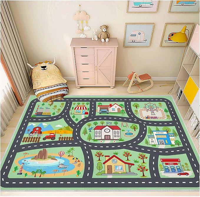 Kids Rug Car Rugs Playmat Carpet for Play Toy Cars for Playroom Classroom Kids Room, Educational Area Rugs Non-Slip Road Traffic Floor Rug Mats, Ideal Gift for Nursery Children Boy Girl 2.6x3.9ft