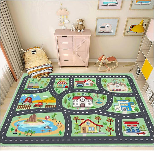Kids Rug Car Rugs Playmat Carpet for Play Toy Cars for Playroom Classroom Kids Room, Educational Area Rugs Non-Slip Road Traffic Floor Rug Mats, Ideal Gift for Nursery Children Boy Girl 2.6x3.9ft