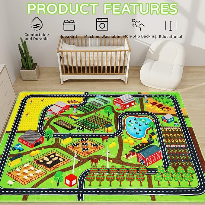 Kids Rug Play Mat for Toy Cars, 59"×78.7" Farm Life Road Traffic for Playroom Kids Car Road Rug Village Map Mat Farm Animals Washable Play Carpet for Toddlers Boys Room Family Tummy Time Playtime