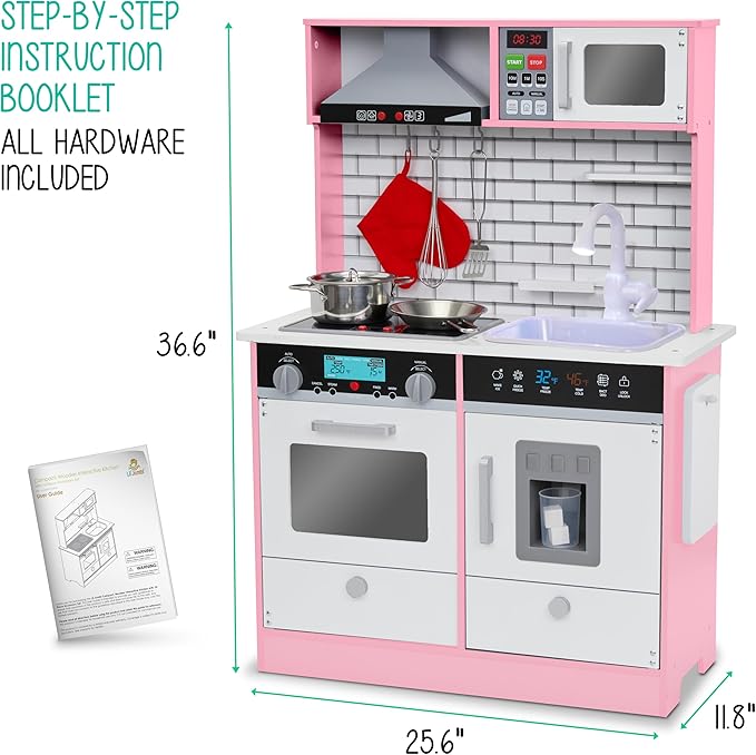 Lil' Jumbl Kids Pink Small Kitchen Set, Pretend Wooden Play Kitchen, Includes Range Hood, Microwave, Stove Top, Oven That Make Realistic Sound & Light, Pots, Pan, Cutting Board & Utensils Included