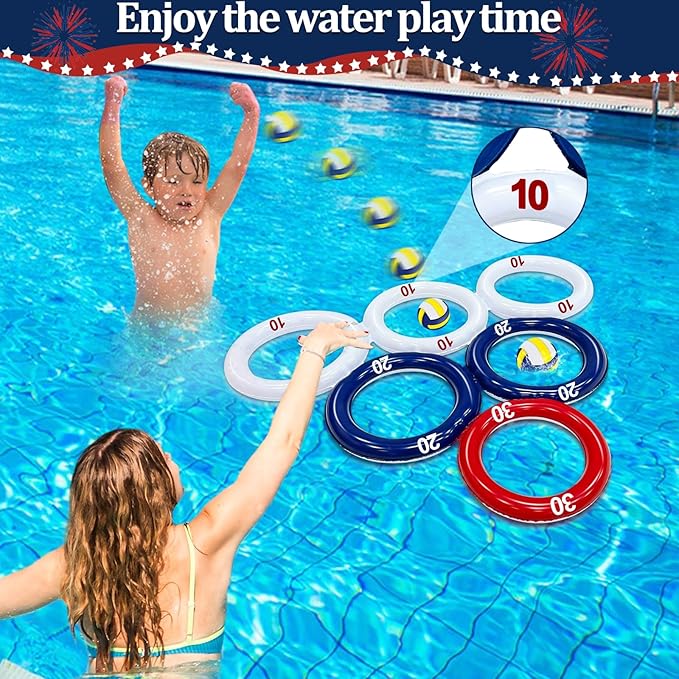 American Flag Pool Toys Games Set, Inflatable 2-in-1 Floating Basketball Hoop and Inflatable Ring Toss Pool Game with Score for Kids Teens Adults Summer Water Pool Toys 4th of July Patriotic Party