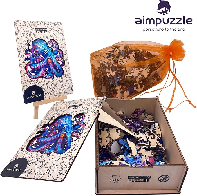 Wooden Puzzles for Adults, Octopus Wooden Jigsaw Puzzle, Unique Animal Shaped Puzzles, Premium Box Wood Cut Ocean Puzzles, Best Family Ideas (M-8.7 * 8.1in-140pcs)
