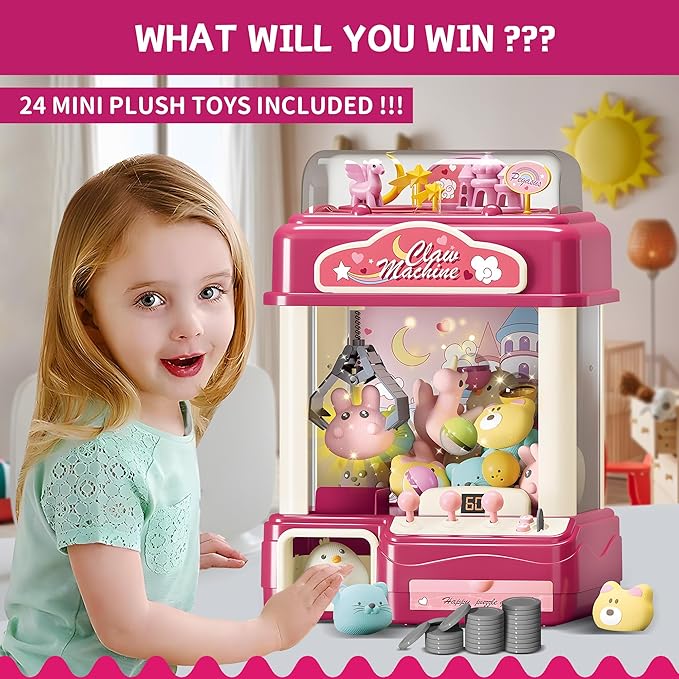 Interactive Claw Toy Arcade Machine with Prizes, Kids Vending Machine with Lights, Music, Plush Toys & Capsules, Mini Claw Machine USB Rechargeable, Birthday Gift for Girls Ages 4-12