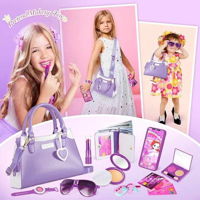 Shemira Play Purse for Little Girls, Princess Pretend Toys for Girls 3 4 5 6 7 8 Years Old, Christmas & Birthday Gift for Girls Age 3-5 4-6 6-8, Toddler Purse with Accessories, Kids Toy Purse, Purple