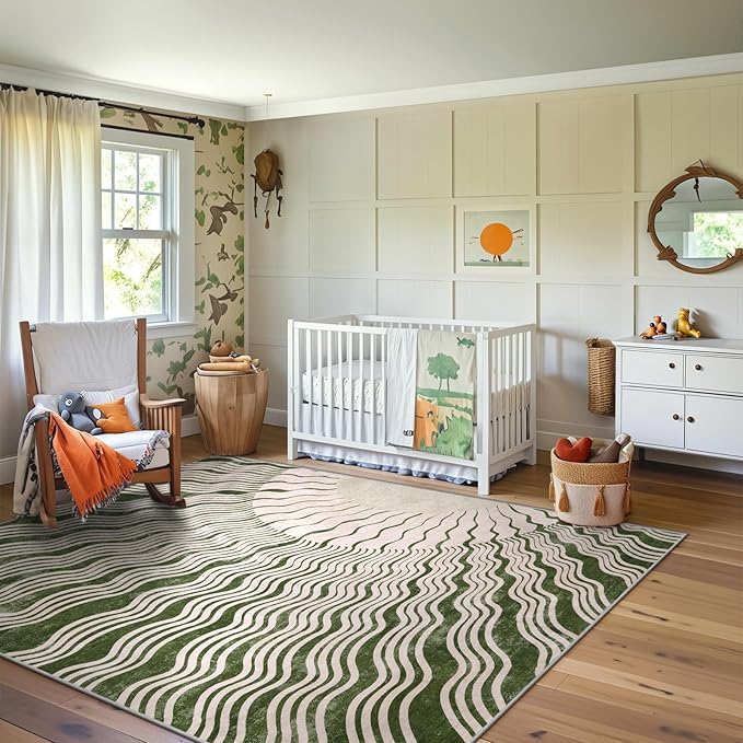 Boho Washable Rug 6x9, Soft 6x9 Green Rugs for Living Room, Ultra-Thin Non Slip Bedroom Rug Stain Resistant Classroom Rug Large Carpet for Dining Room Nursery(6'x9',Green/Multi)