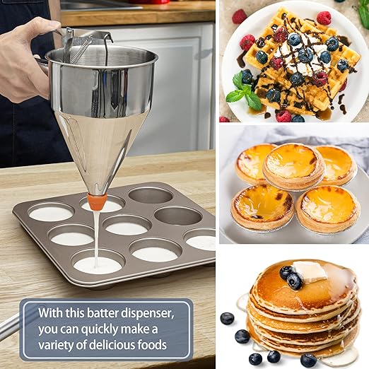 MyLifeUNIT Pancake Batter Dispenser, 40oz Multi-Caliber Stainless Steel Funnel Cake Dispenser with Stand Great for Pancakes, Cupcakes or Any Baked Goods