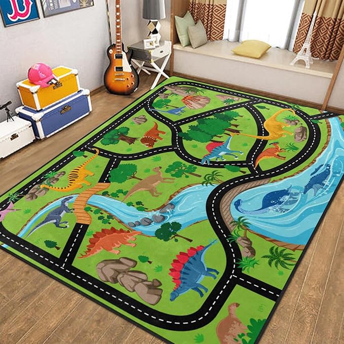 Kids Rug, Jurassic Forest Park Road System Playmat Rugs - 5x7 Ft Kids Carpet with Rubber Backing, Stegosaurus Spinosaurus Dinosaur Play Mat Great for Playing with Cars for Bedroom Playroom Nursery Rug