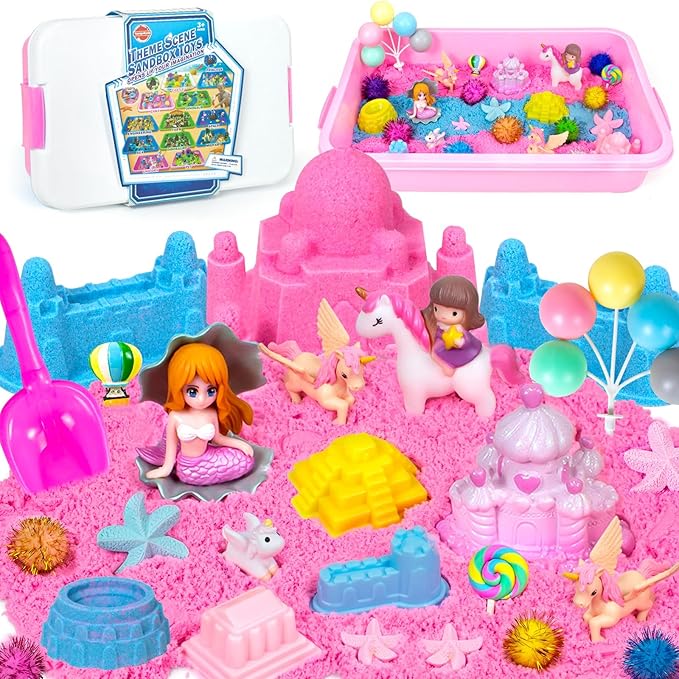 Hymaz Unicorn Sensory bin, Unicorn and Mermaid Play Sand Kit, Sandbox with 2.2lbs Magic Sand, Castle Molds, Ocean Scene Models, Preschool Indoor Birthday Gifts for Boys Girls Age 3 4 5 6 7 8