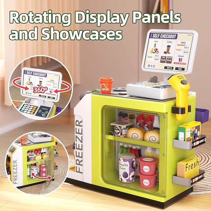 48-Piece Pretend Play Cash Register Toy Set with Water Outlet Function - Calculator, Shopping Bag, Scanners, Credit Cards, Coffee Machine, Play Food - Gift for Boys and Girls Ages 3+ (Green)