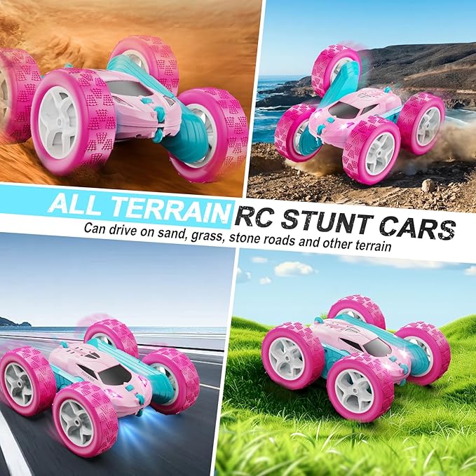 Remote Control Car, Pink RC Cars for Girls, 2.4 GHZ Double Sided RC Stunt Car 360° Rotating Remote Control Crawler with Headlights Cars Toys for 6 7 8 9 10 11 12 Girls Birthday