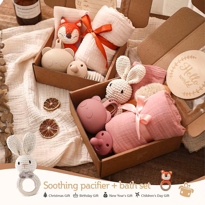 Baby Gift Set for Newborn, New Baby Bath Gift Set 7 Pcs, Baby Essentials Shower Set with Bath Towel+Teether+Rattle Toy+Pacifier Bag+Drool Towel+Brush+Wooden Milestone for Boy & Girls