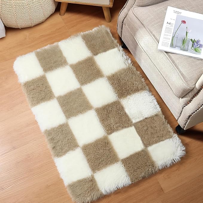 KICMOR Small Beige and Cream White Area Rugs for Bedroom, 2x3 Fluffy Fuzzy Plush Shaggy Checkered Rug, Soft Furry Bedside Rug Small Throw Carpet for Living Room Kids Girls Boys Nursery Home Decor