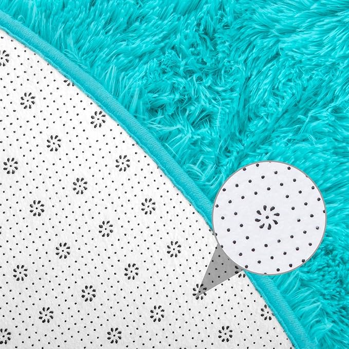 junovo Round Rug 4x4 Feet Fluffy Soft Area Rugs for Kids Girls Room Princess Castle Plush Shaggy Carpet Cute Circle Nursery Rug for Kids Girls Bedroom Baby Room Home Decor Circular Carpet, Teal Blue