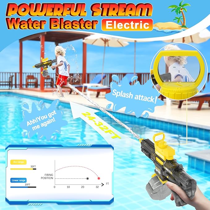 2025 Electric Water Gun for Adults Kids, Automatic Water Gun Toy for Kids Ages 4-8 8-12, Large Capacity High Power, 32ft Ultra-Long Range, Summer Pool Outdoor Beach Water Toys for Boys Girls（Yellow）