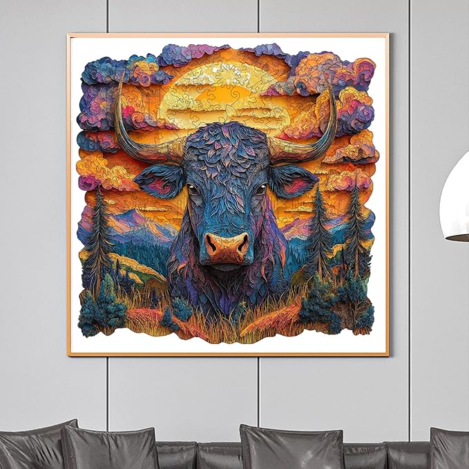 Wooden Puzzle for Adults - 3D Longhorn Wooden Jigsaw Puzzles 500 Piece, Unique Shaped Animal Challenging Puzzles, Exquisite Packaging, Best Gift Toys for Family Friends 16.5x16.5 in
