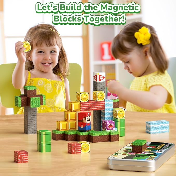 Mini Magnetic Blocks STEM Toys for Kids Ages 3-8, 35PCS Travel Building Set with Magnetic Storage Tin Box, Educational Construction Toys for Toddlers, Preschool Learning Birthday Gift for Boys & Girls