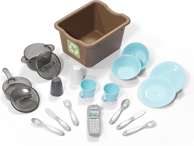 Step2 Lifestyle Custom Kids Kitchen Playset, Indoor/Outdoor Kitchenette, Interactive Play with Lights and Sounds, Made of Durable Plastic, 20 Piece Toy Accessories, Toddlers 2+ Years Old, Tan