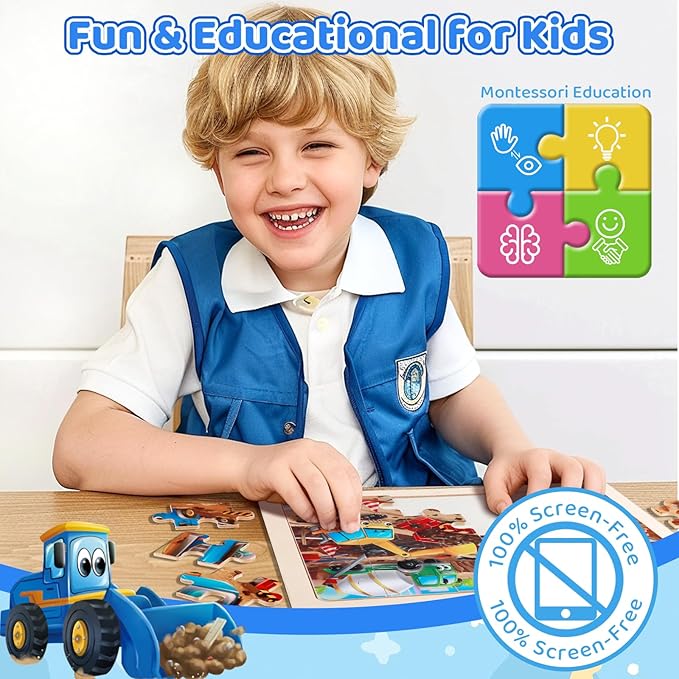 4 Pack Wooden Puzzles for Kids Ages 3-8 - City Life 24-Piece Educational Toddler Puzzles - Montessori Learning Toys for Boys Girls - Ideal Birthday Christmas Easter Gifts for Ages 3 4 5 6 7 8 Year Old