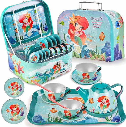 Mermaid Tea Party Set for Little Girls, Kids Party Set Toys for 3 4 5 6 Year Old Girls, Pretend Toy Tin Tea Set & Carrying Case, Princess Tea Time Kitchen Play Toys, Birthday Gifts for Girls