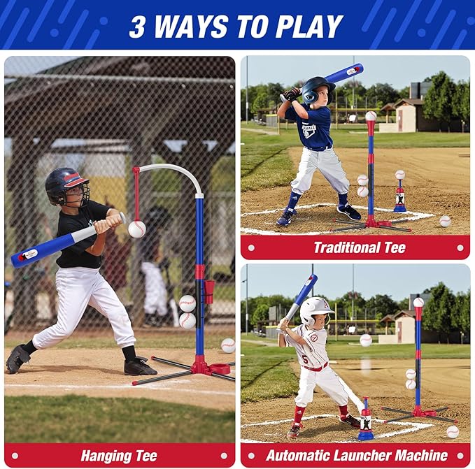 3-in-1 Baseball Set for Kids 3-5 - Tee Ball Stand, Hanging Tee, Ball Launcher and 6 Softballs - Adjustable Height, Indoor/Outdoor Sport Gifts for Boys, Blue