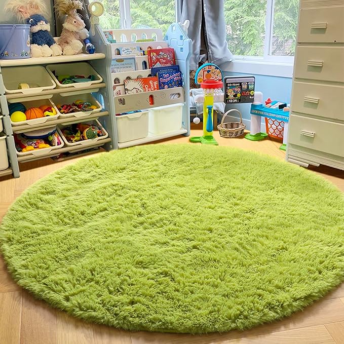 Grass Green Round Rugs 5Ft for Bedroom, Fluffy Shaggy Circle Area Rugs for Kids Playroom Baby Nursery, Cozy Cool Living Room Decor Aesthetic, Cute Fuzzy Furry Plush Carpet for Teen Girls Boys Toddler