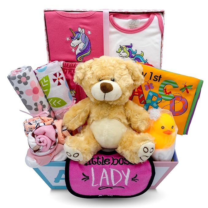 Deluxe 15-Piece New Baby Gift Basket | Newborn Baby Girl Gift Set for Expecting Moms & Parents | Baby Gift with Unicorn Clothing Set | Baby Gift Set with ABC Box | Nikki's Gift Baskets