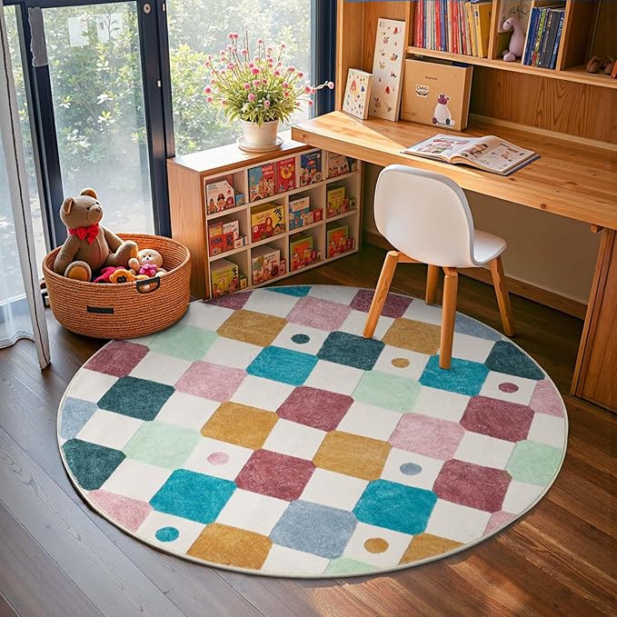 jinchan Round Rug 4ft Kids Washable Rug Colorful Trellis Indoor Floor Cover Non Slip Soft Modern Living Room Diamond Carpet for Nursery Room Bedroom Playroom Confetti on Cream